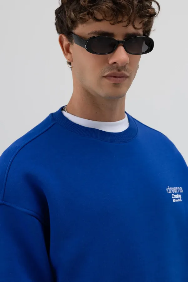 Oversize Bisiklet Yaka Baskılı Sweatshirt Saks