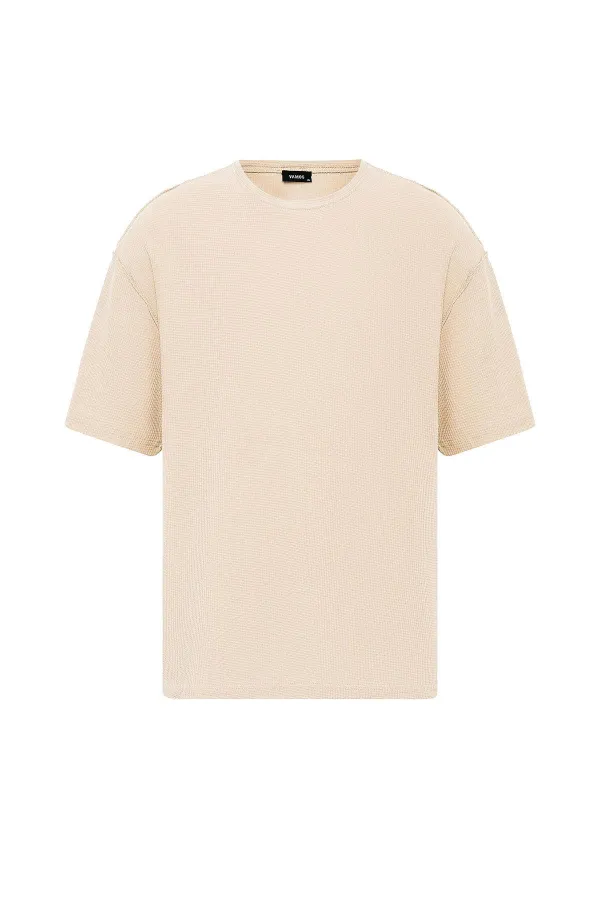 Arka Yazı Baskılı Oversize Triko Tişört Bej