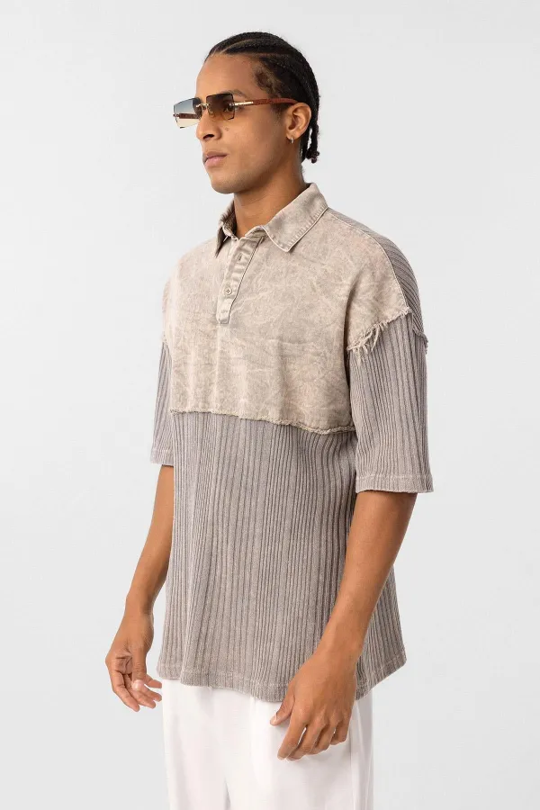 Yıkamalı Oversize Polo Yaka Tişört Taş