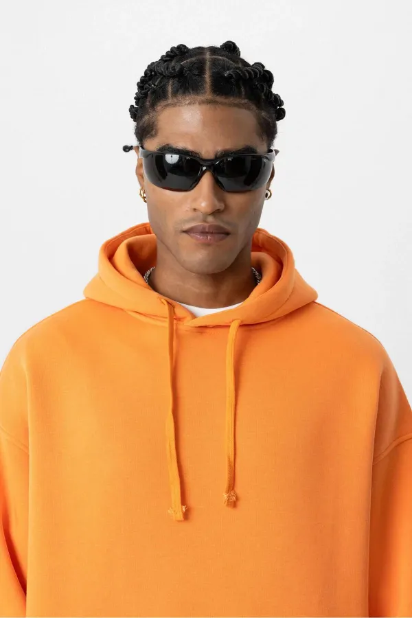 Basıc Oversize Kapüşonlu Cep Detaylı Sweatshirt Oranj