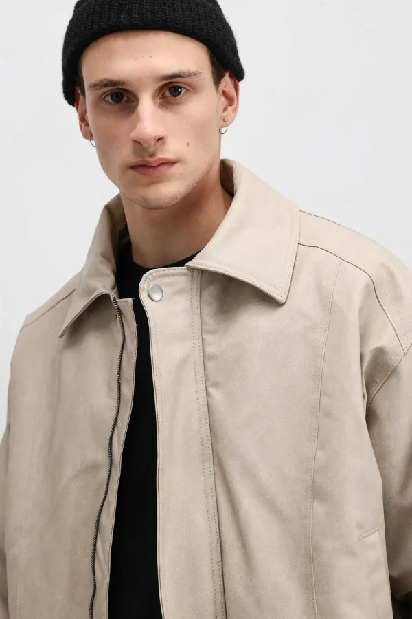 Blouson aviateur oversize en cuir couleur pierre