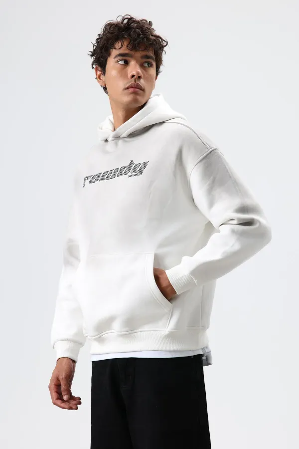 Oversize Baskılı Yıkamalı Hoodie Ekru