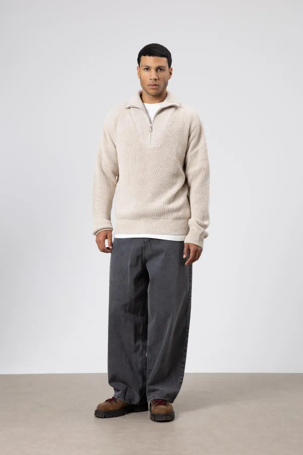 Yarım Fermuarlı Triko Kazak Taş