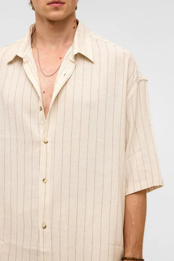 Oversize Çizgili Kısa Kollu Keten Gömlek Vizon