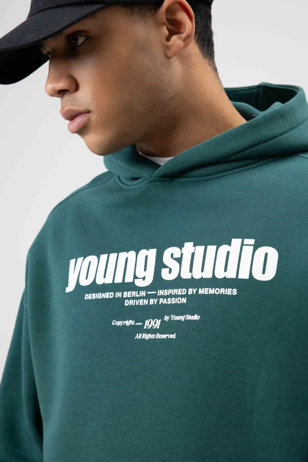 Sweat à capuche imprimé oversize, bleu marine