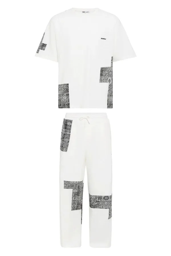 Etnik Desenli Oversize Eşofman Takım Ekru