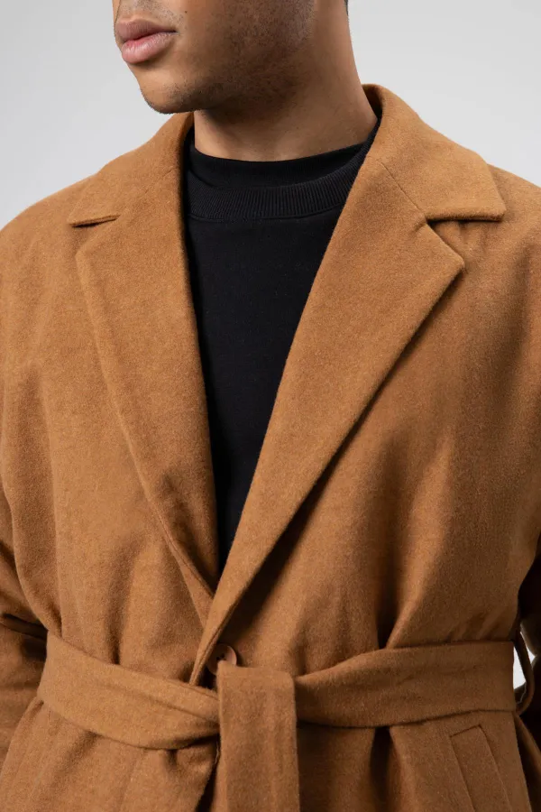 Kemerli Oversize Kaşe Kaban Taba