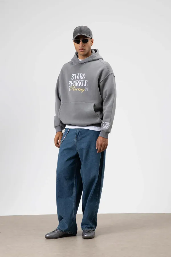 Oversize Nakış Baskılıkapüşonlu Sweatshirt Füme