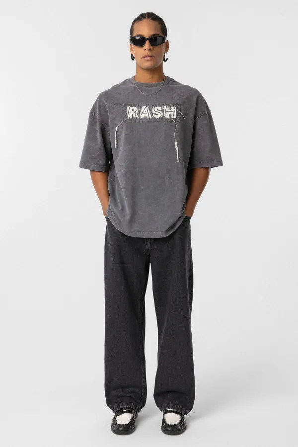 Yıkamalı Oversize Baskılı Tişört Füme