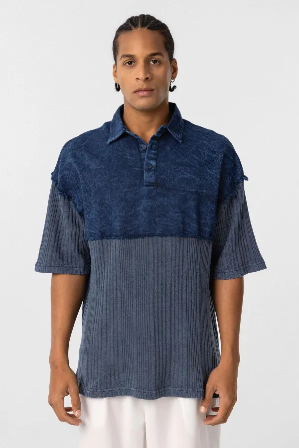 Yıkamalı Oversize Polo Yaka Tişört İndigo