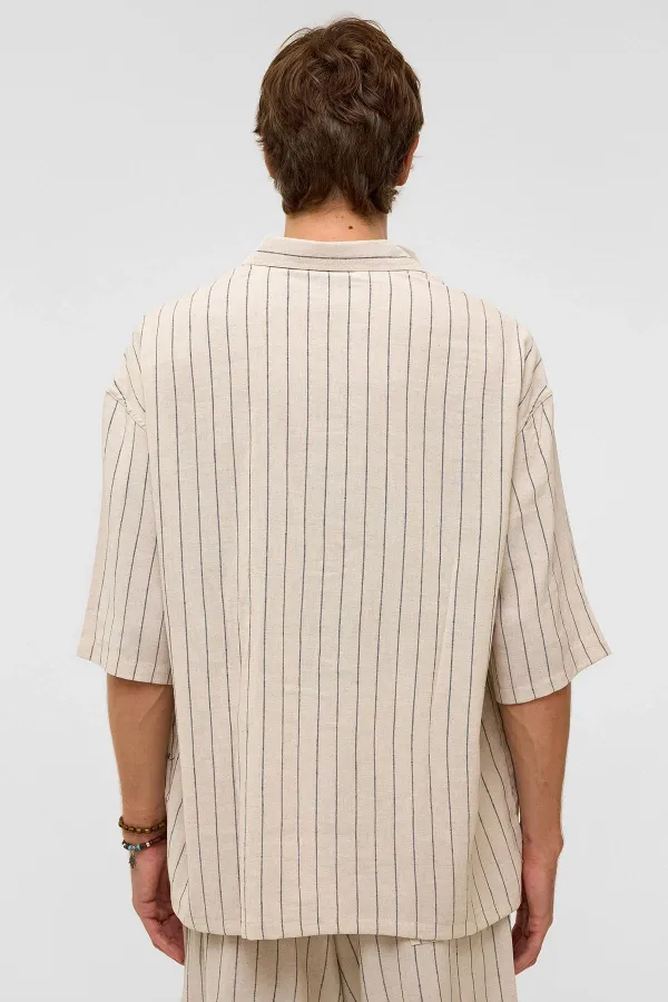 Oversize Çizgili Kısa Kollu Keten Gömlek Siyah