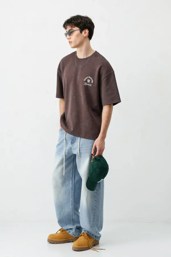 Kısa Kollu Boxy Fit Baskılı Tişört Kahve