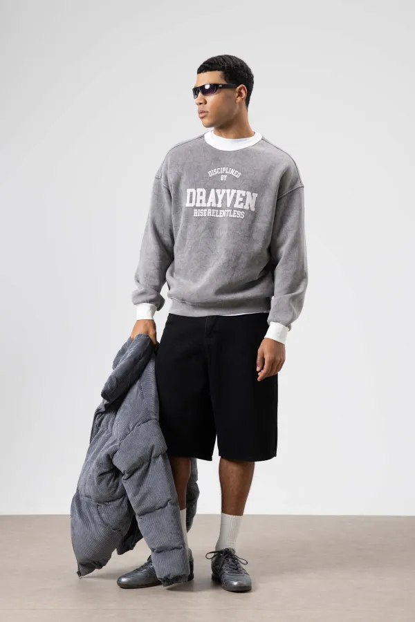 Oversize Bisiklet Yaka Baskılı Sweatshirt Gri