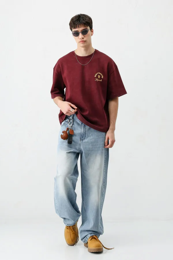 Kısa Kollu Boxy Fit Baskılı Tişört Bordo