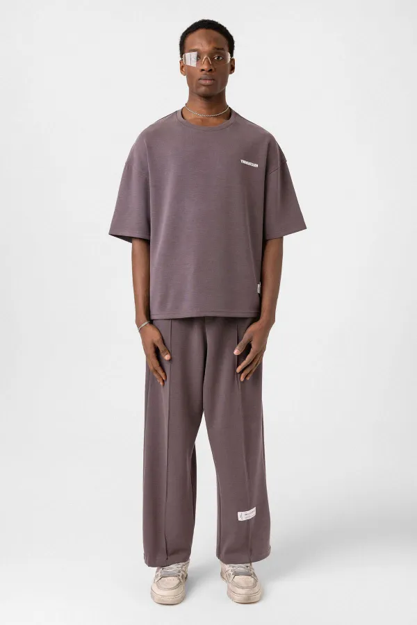 Label Detailed Oversize Modal Fabric Tracksuit Set Coffee