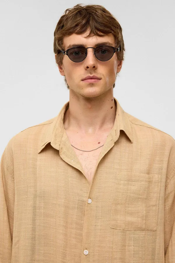 Chemise oversize rayée à manches longues en lin, couleur vison