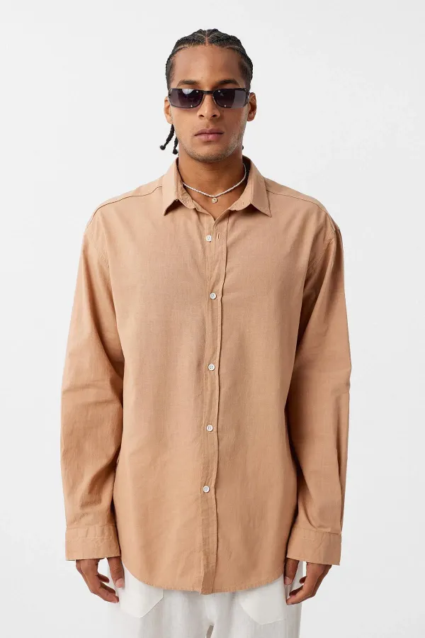 Basic Oversize Pamuk Keten Gömlek Camel Basic Oversize Pamuk Keten Gömlek Camel
