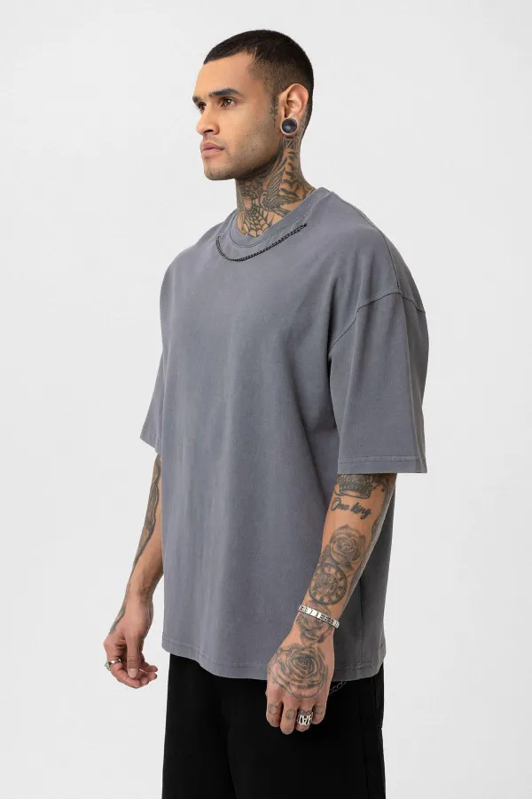 Yıkamalı Zincir Detaylı Oversize Tişört Füme