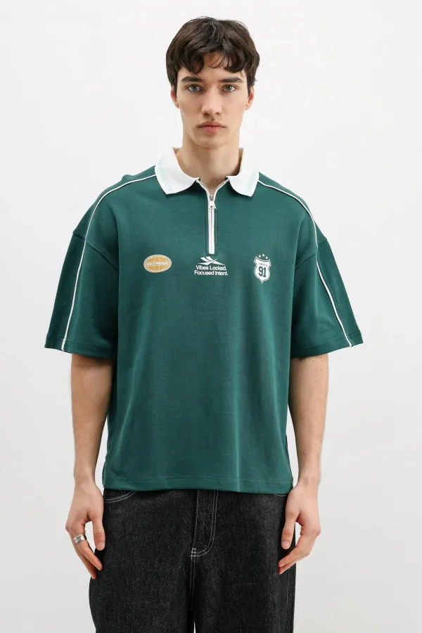 Fermuarlı Yaka Baskılı Oversize Tişört Nefti