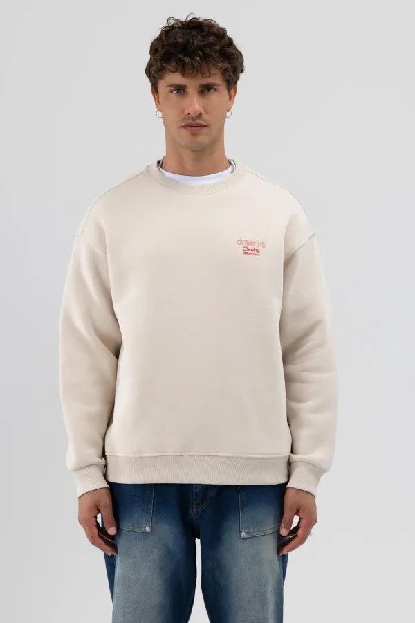 Oversize Bisiklet Yaka Baskılı Sweatshirt Taş