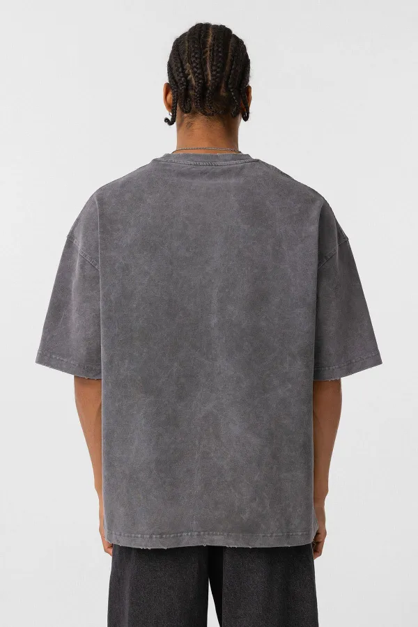 Yıkamalı Oversize Baskılı Tişört Füme