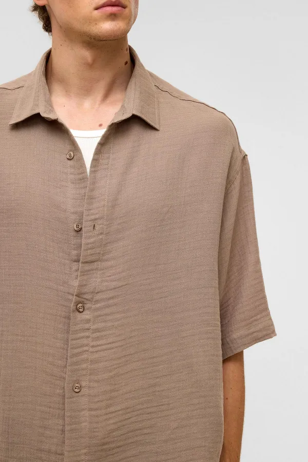 Oversize Kısa Kollu Müslin Kumaş Gömlek Bej