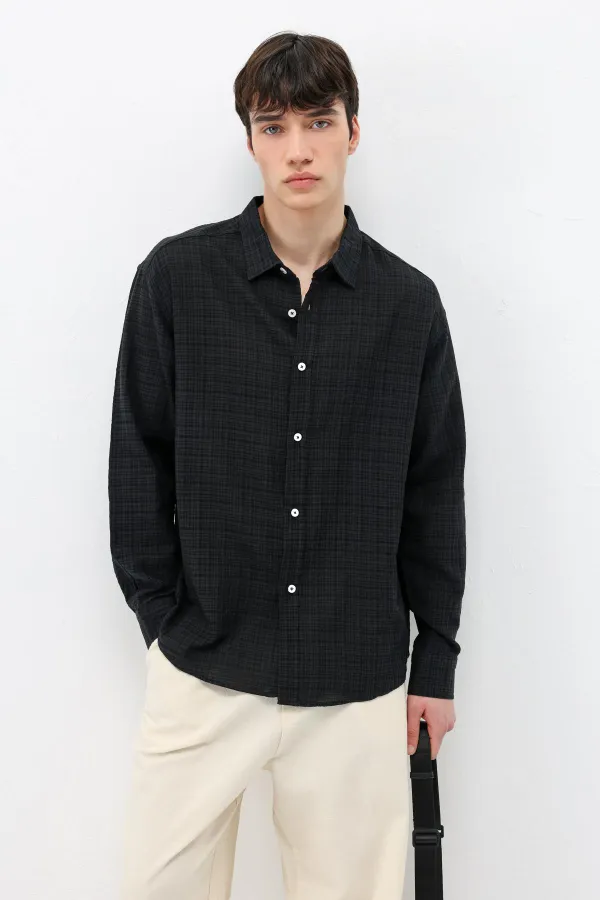 Textured Linen Look Oversize Shirt Black