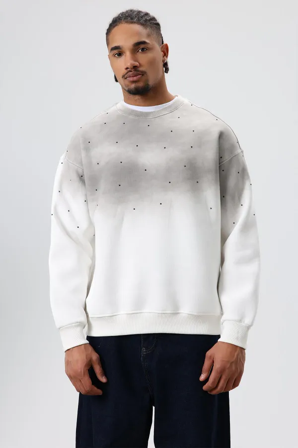 Sweat-shirt oversize à détails en pierre délavée, écru