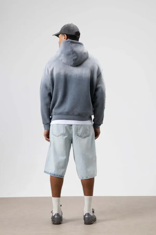 Oversize Baskılı Kapüşonlu Sweatshirt Gri