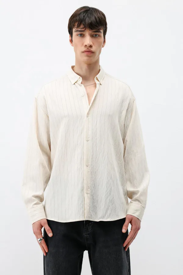 Çizgili Oversize Gömlek Krem