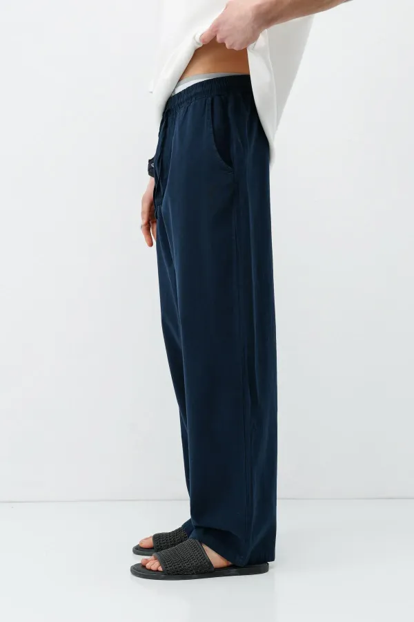 Bel Lastikli Baggy Fit Keten Pantolon Lacivert