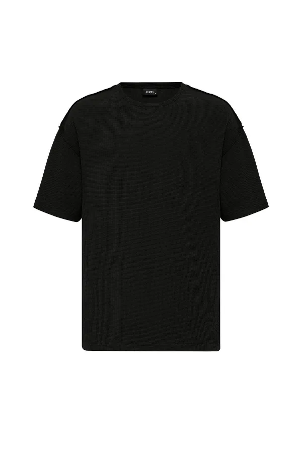 Arka Yazı Baskılı Oversize Triko Tişört Siyah