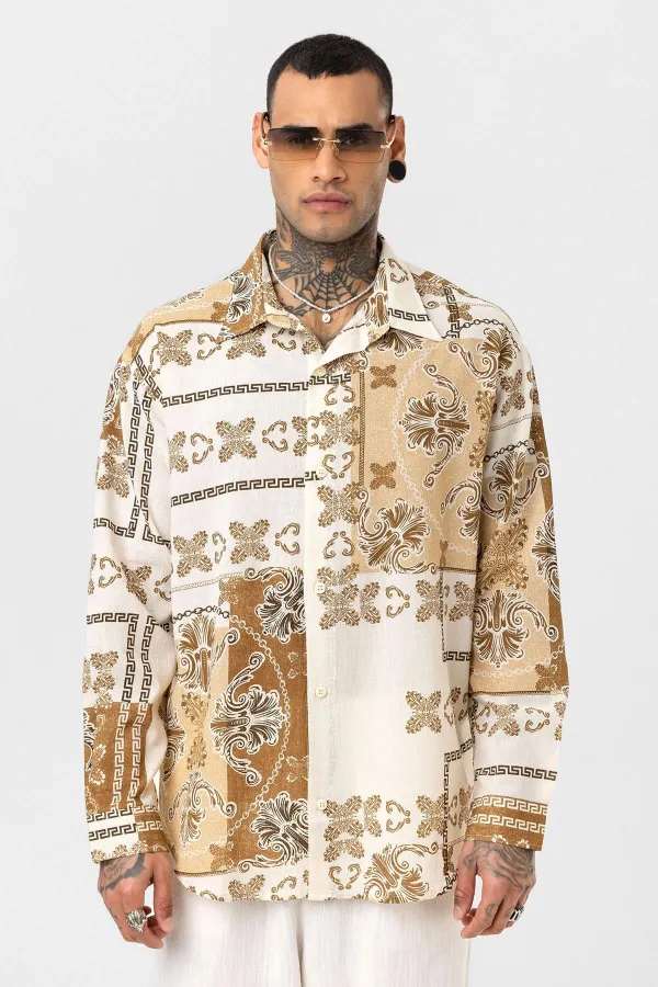 Etnik Desenli Oversize Gömlek Vizon Etnik Desenli Oversize Gömlek Vizon