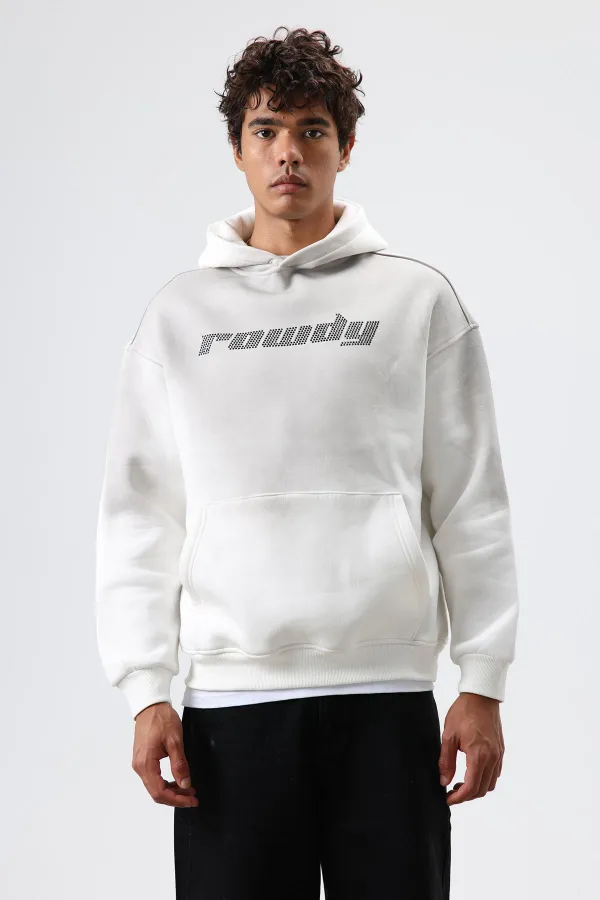 Oversize Baskılı Yıkamalı Hoodie Ekru