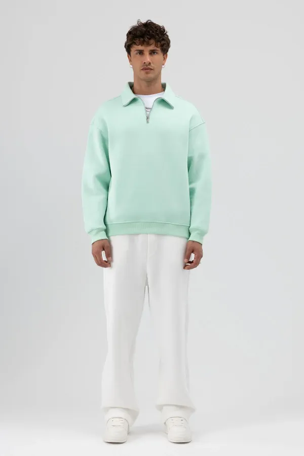 Sweat-shirt oversize à fermeture éclair et col montant, couleur menthe