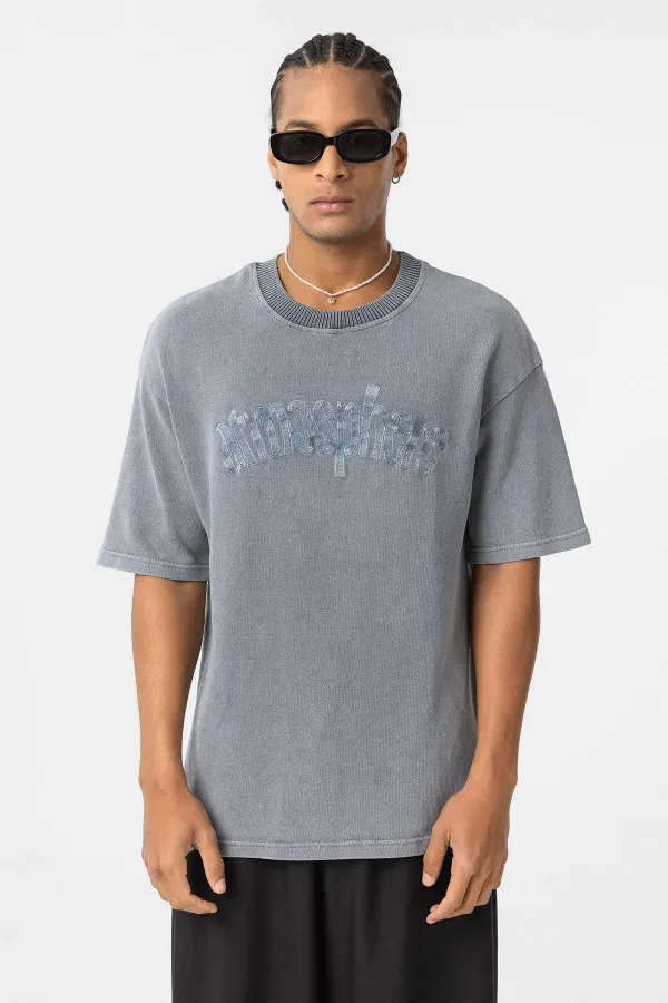 Yıkamalı Oversize Baskılı Tişört Gri
