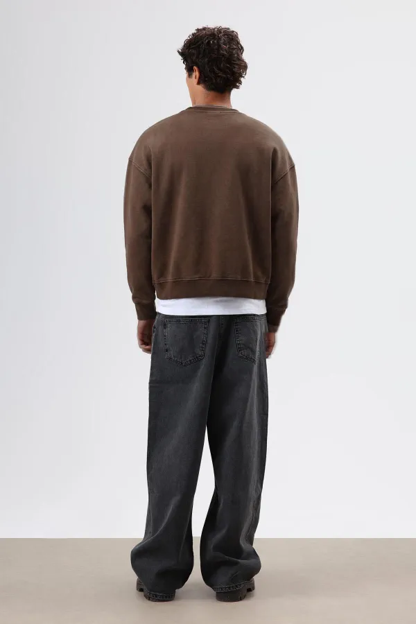 Oversize Bisiklet Yaka Cepli Sweatshirt Kahve