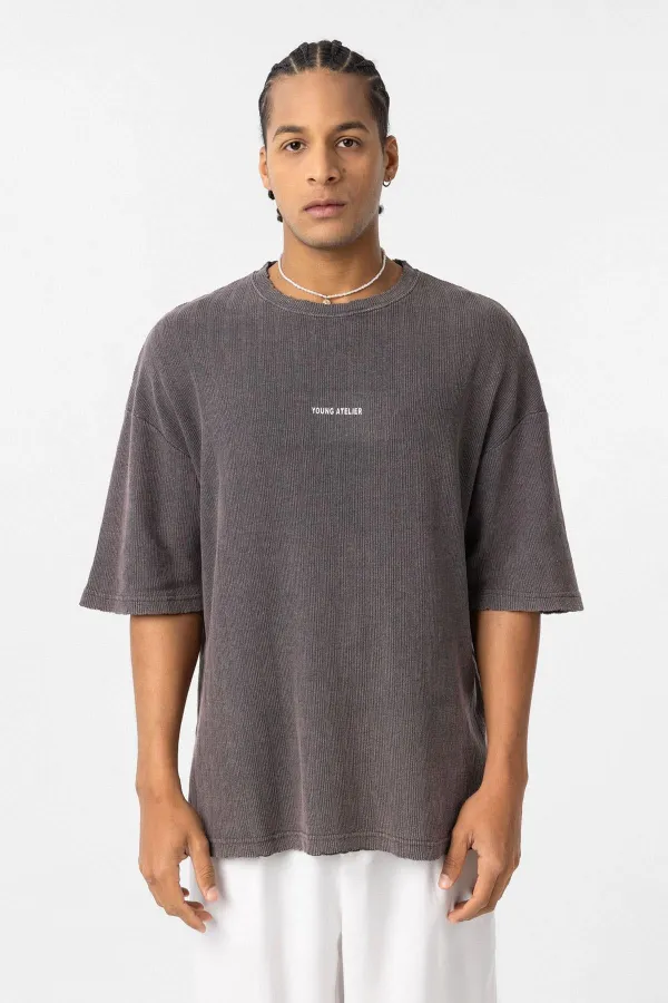 Yıkamalı Arka Baskılı Oversize Tişört Kahve