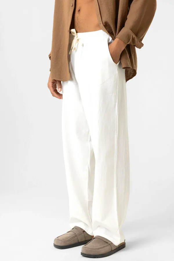 Pantalon ample en lin avec taille élastiquée, écru