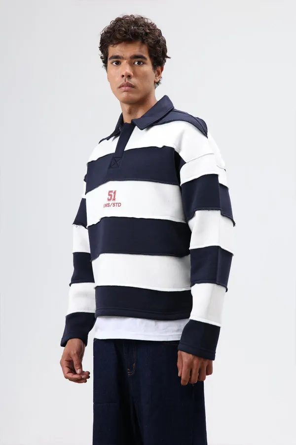 Oversize Şeritli Baskılı Sweatshirt Koyu Lacivert