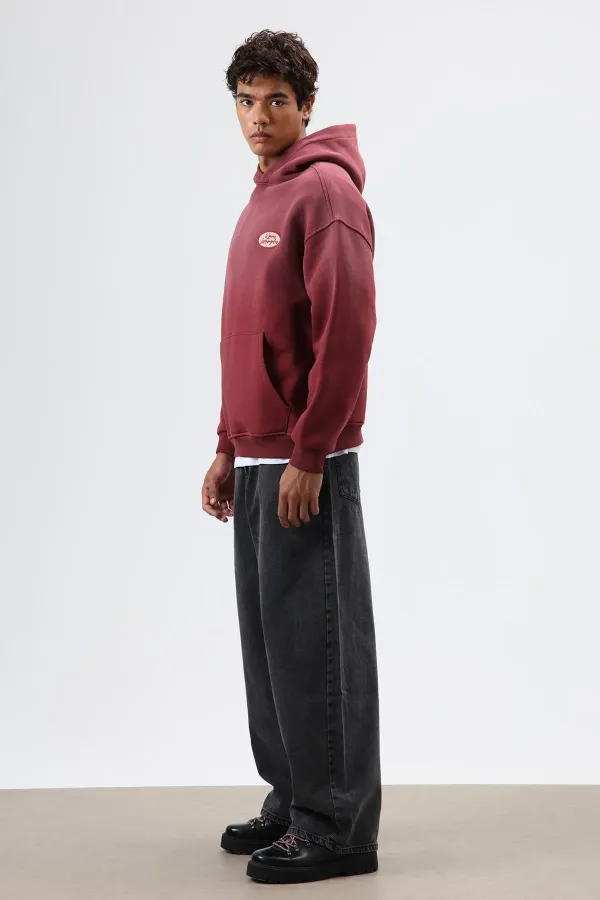 Oversize Printed Hooded Sweatshirt Burgundy