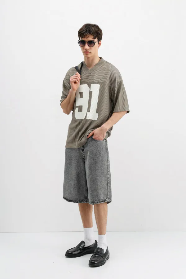 Baskılı Fitilli Oversize Tişört Haki