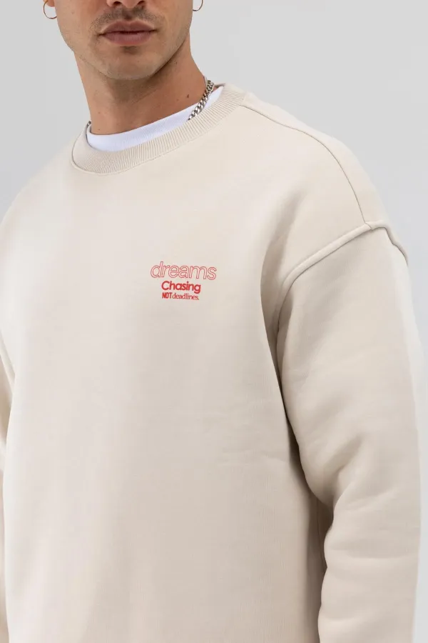 Oversize Bisiklet Yaka Baskılı Sweatshirt Taş