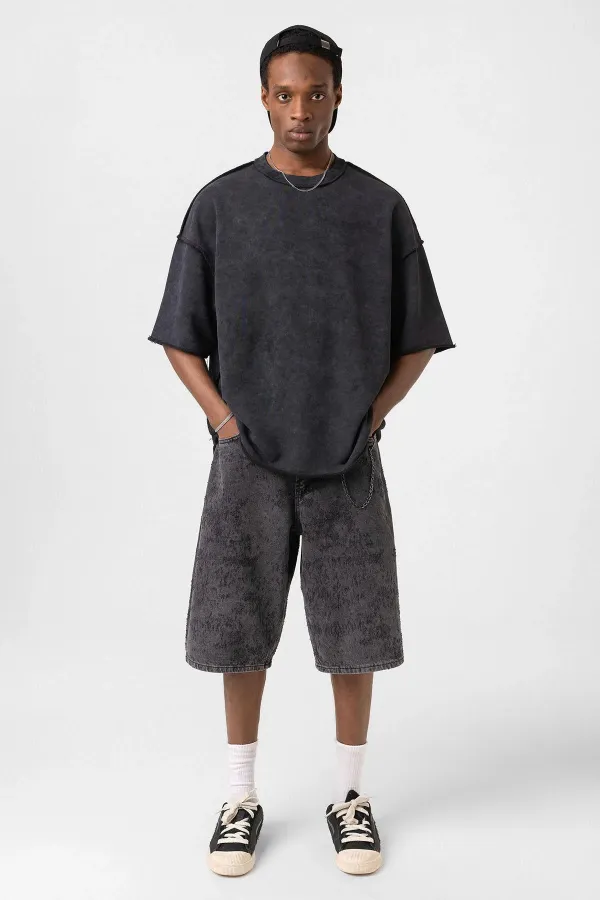 Yıkamalı Oversize Tişört Siyah