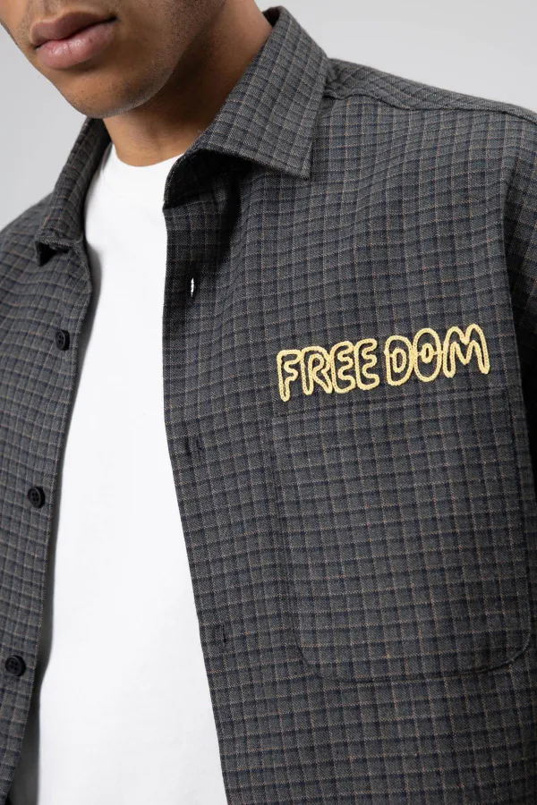 Oversize Baskılı Günlük Kareli Gömlek Füme