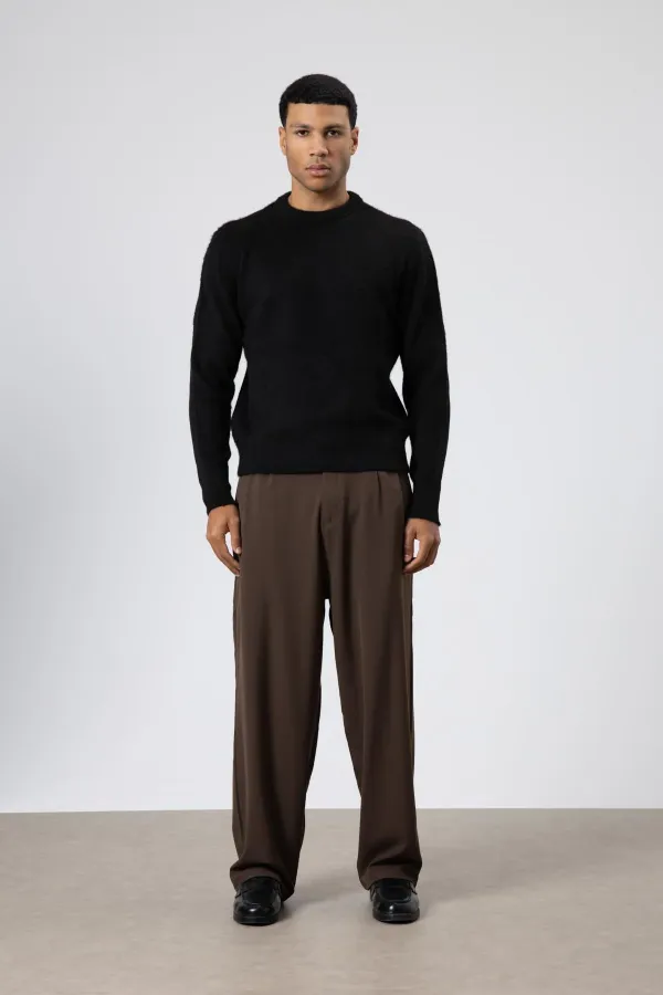 Oversize Soft Textured Crew Neck Sweater Black