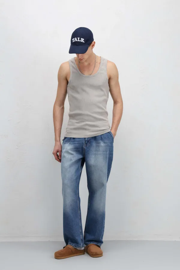 Pleated Baggy Jeans with Chain Detail, Blue