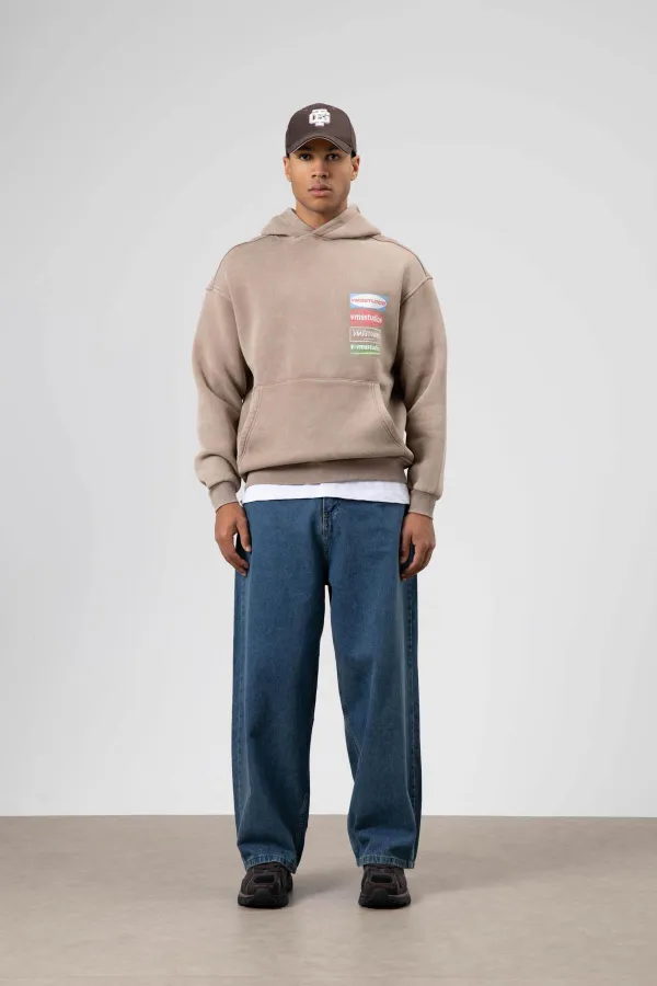 Oversize Yıkamalı Baskılı Kapüşonlu Sweatshirt Vizon