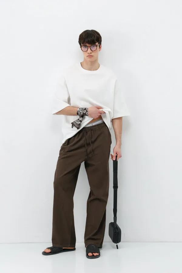 Bel Lastikli Baggy Fit Keten Pantolon Kahve