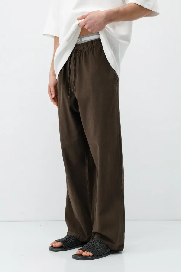 Bel Lastikli Baggy Fit Keten Pantolon Kahve